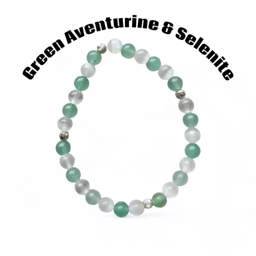 Green Aventurine & Selenite Beaded Bracelet W/Sterling Silver Spacers